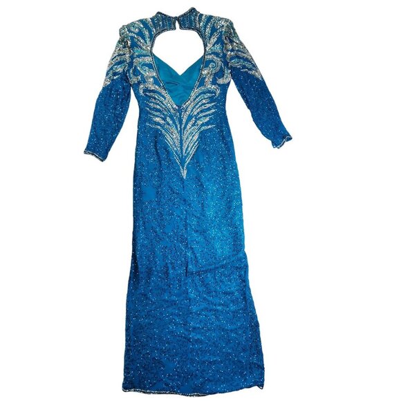 Vintage Alyce Designs Blue Sequin Gown With Beaded Patterns Long Sleeves & Front - Picture 4 of 11